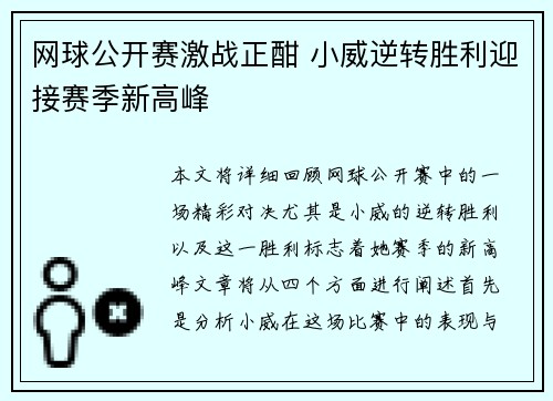 网球公开赛激战正酣 小威逆转胜利迎接赛季新高峰